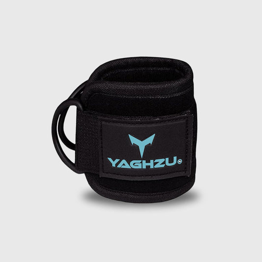 Yaghzu black and blue ankle strap for cable machine – premium ankle cuff for gym workouts, glute kickbacks, and leg day exercises. Durable cable ankle strap for women and men.