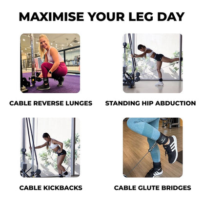 Yaghzu ankle straps for cable machines shown in use during cable reverse lunges, standing hip abductions, cable kickbacks, and cable glute bridges. Durable gym ankle cuffs for lower body and leg workouts.
