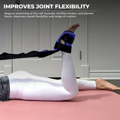 Person lying on a yoga mat using a foot and calf stretcher with yoga straps to stretch the calf muscles, Achilles tendon, and plantar fascia—ideal calf stretcher for plantar fasciitis, foot rocker stretcher, and joint flexibility improvement.