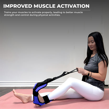Woman stretching on a yoga mat using a blue foot and calf stretcher with yoga straps—effective foot rocker stretcher for plantar fasciitis, calf rocker stretch, and Achilles tendonitis relief. Ideal plantar fasciitis stretch device and calf stretcher rocker for improved flexibility and muscle activation.