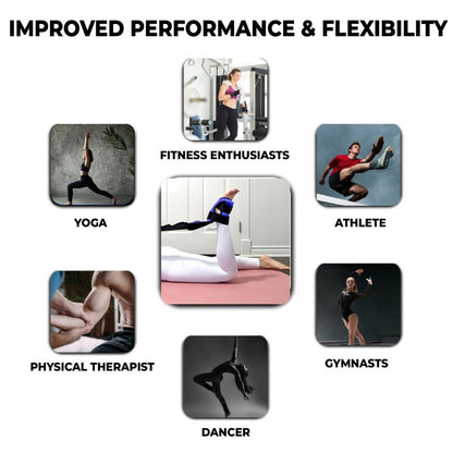 Collage showing different users of a foot and calf stretcher with yoga straps, including fitness enthusiasts, athletes, dancers, gymnasts, yoga practitioners, and physical therapists—ideal as a calf rocker, foot rocker for plantar fasciitis, Achilles tendonitis, and stretching for flexibility and performance.