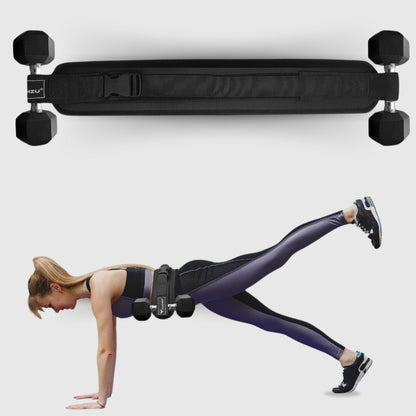 Woman using Yaghzu booty belt and dumbbell strap for hip thrust, demonstrating belt squat hip thrust and glute thruster exercise
