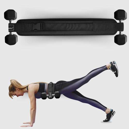 Woman using Yaghzu booty belt and dumbbell strap for hip thrust, demonstrating belt squat hip thrust and glute thruster exercise