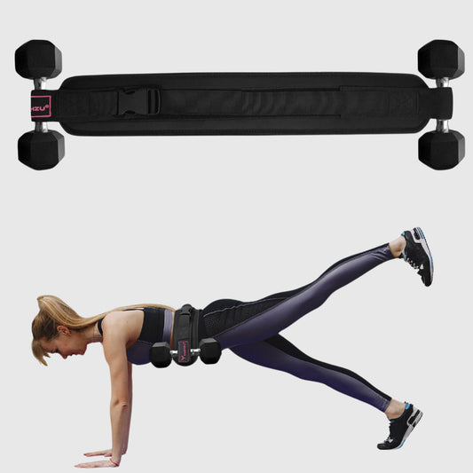 Woman using Yaghzu booty belt and dumbbell strap for hip thrust, demonstrating belt squat hip thrust and glute thruster exercise