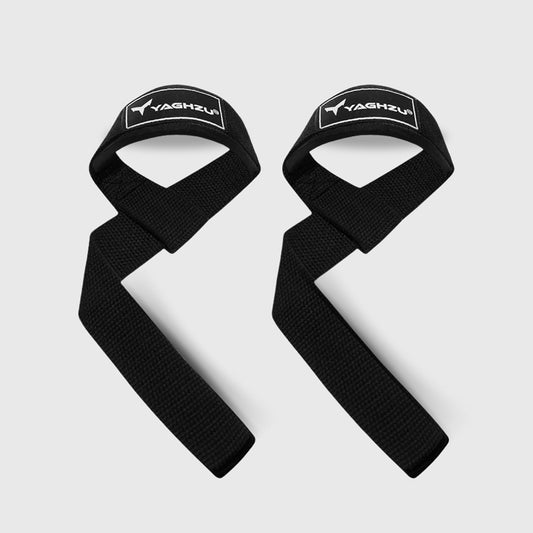 Yaghzu black lifting straps for weightlifting, featuring durable wrist straps for grip support during deadlifts, gym training, and heavy lifts – ideal wrist wraps for lifting and gym straps for enhanced performance.
