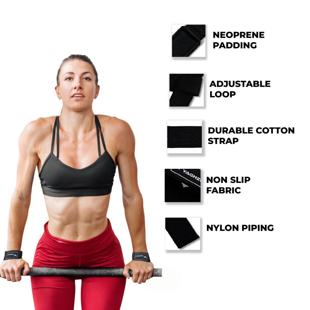 Female athlete using Yaghzu lifting straps with neoprene padding, adjustable loop, durable cotton strap, non-slip fabric, and nylon piping—premium wrist straps for weightlifting, gym training, deadlifts, and wrist support.