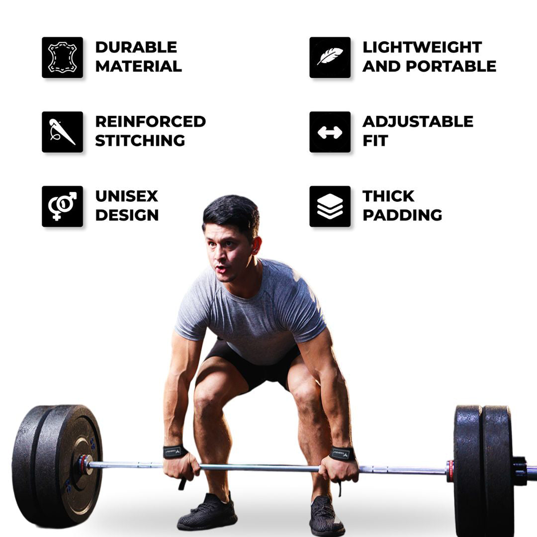 Man performing deadlift with Yaghzu lifting straps; features include durable material, reinforced stitching, unisex design, lightweight and portable build, adjustable fit, and thick padding—ideal wrist straps for weightlifting, deadlifts, and gym workouts