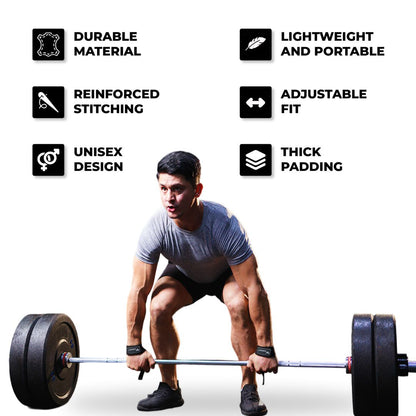Man performing deadlift with Yaghzu lifting straps; features include durable material, reinforced stitching, unisex design, lightweight and portable build, adjustable fit, and thick padding—ideal wrist straps for weightlifting, deadlifts, and gym workouts