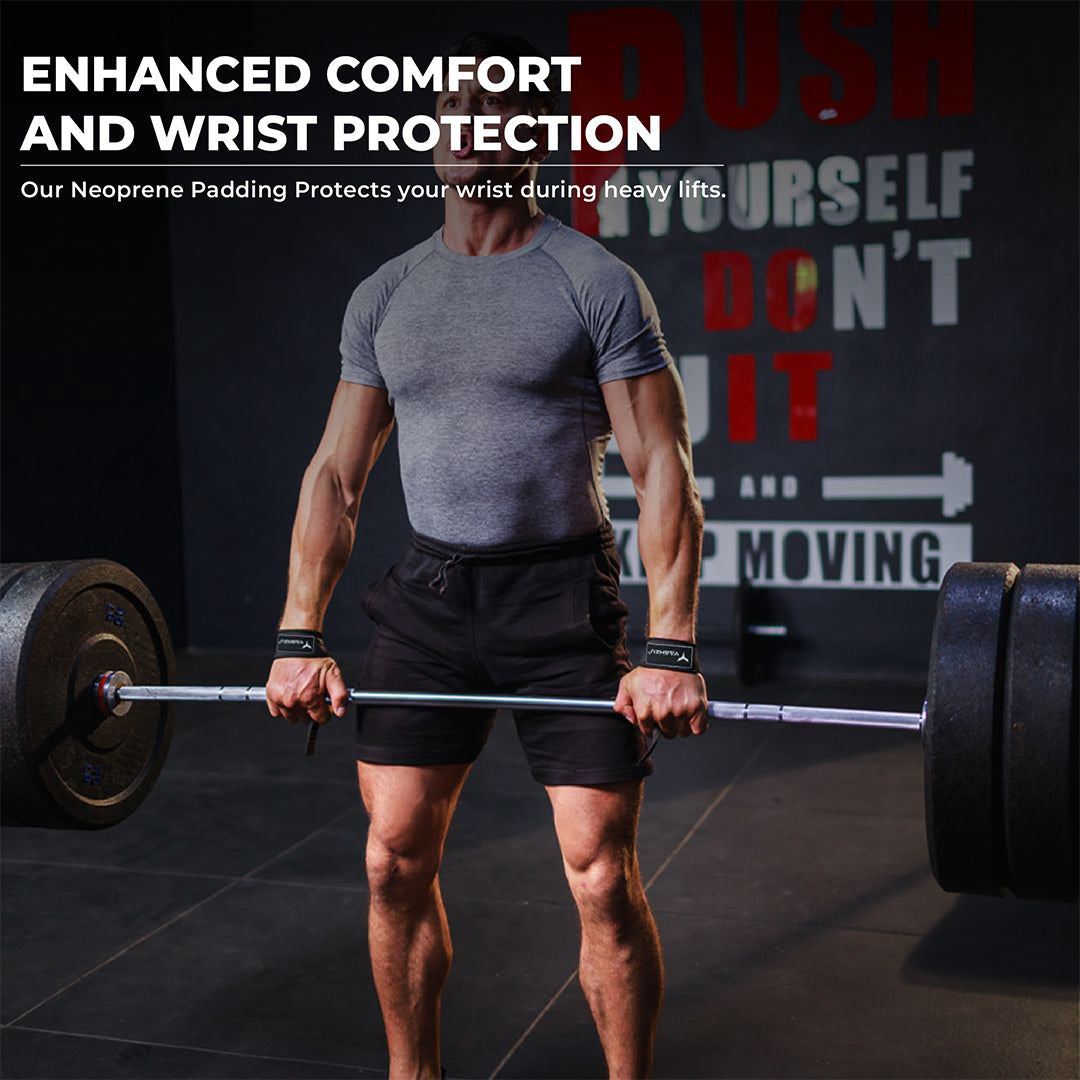 Man lifting heavy barbell with Yaghzu lifting straps; showcases enhanced wrist support, neoprene padding for comfort, secure grip for weightlifting, powerlifting, and deadlifts—ideal gym straps for advanced strength training.