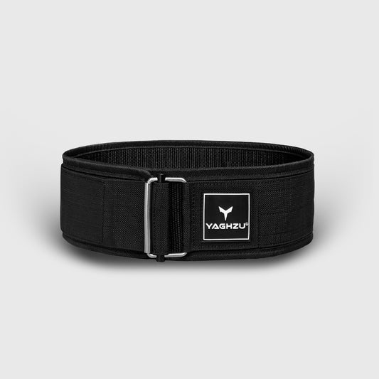 Yaghzu black quick locking weightlifting belt with steel buckle, ideal for deadlifts, heavy lifts, back support, and core stability during intense gym training

