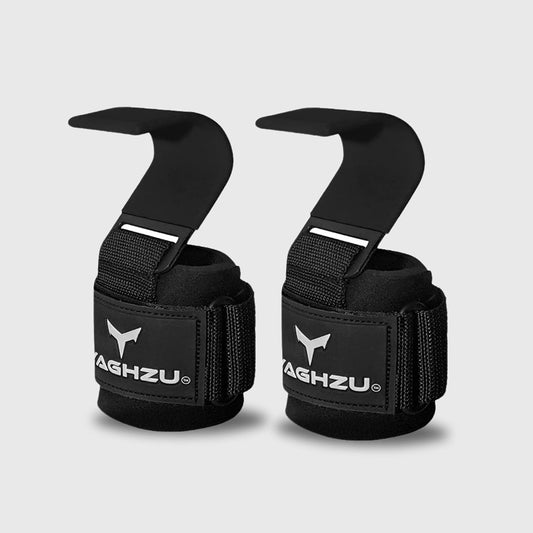 Pair of Yaghzu black weight lifting hooks with padded wrist straps, heavy-duty steel hooks, and secure Velcro fastening — ideal for enhancing grip and reducing wrist strain during heavy lifts.