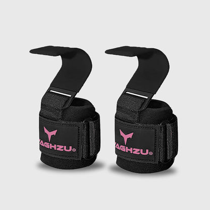 Yaghzu lifting hooks in black with pink logo, designed for enhanced grip strength during heavy weight lifting, deadlifts, and gym training for women and men.