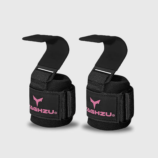 Yaghzu lifting hooks in black with pink logo, designed for enhanced grip strength during heavy weight lifting, deadlifts, and gym training for women and men.