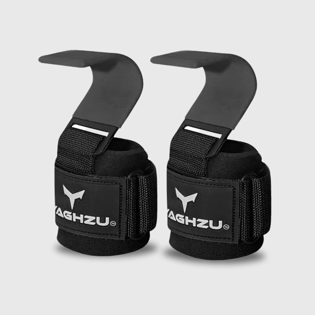 Yaghzu weight lifting hooks with dark grey-coated steel hooks and black wrist straps for enhanced grip support during strength training and gym workouts