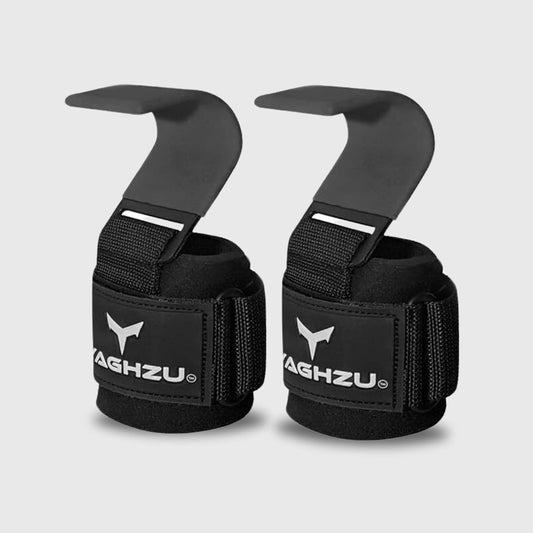 Yaghzu weight lifting hooks with dark grey-coated steel hooks and black wrist straps for enhanced grip support during strength training and gym workouts