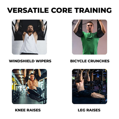 Men using Yaghzu ab straps for windshield wipers, bicycle crunches, knee raises, and leg raises in gym settings