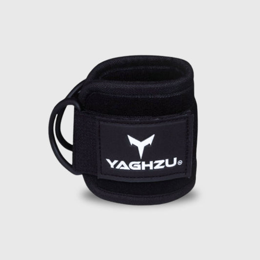 Yaghzu black ankle strap for cable machine workouts — durable gym ankle cuffs designed as wrist and ankle cuffs, leg straps, and cable ankle straps for strength training and resistance exercises.