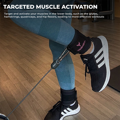 Yaghzu black and pink ankle straps for cable machine exercise, perfect cable ankle straps and leg straps for gym workouts; also used as wrist and ankle cuffs for resistance training.