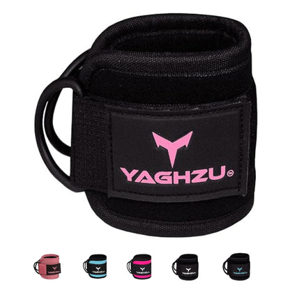 Yaghzu ankle straps for cable machine in black and pink with multiple color options including pink, teal, magenta, and purple. Premium gym ankle cuffs for leg workouts and cable exercises.