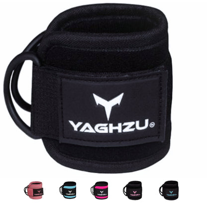 Yaghzu ankle straps for cable machine in black with multiple color options including pink, teal, magenta, and purple. Premium gym ankle cuffs for leg workouts and cable exercises.