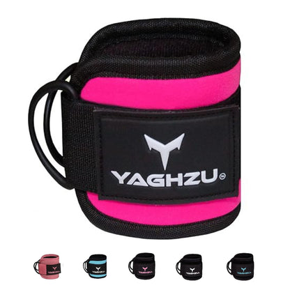 Yaghzu pink ankle straps for cable machine with double D-rings; premium cable ankle straps, leg straps, and wrist and ankle cuffs for gym workouts.