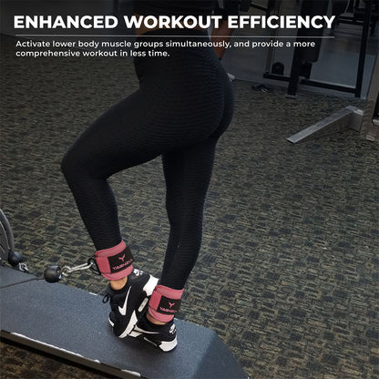 Woman using Yaghzu ankle straps for cable machine in solid pink during a gym workout, designed as durable cable ankle straps, leg straps, and ankle cuffs for cable machines and lower body strength training.