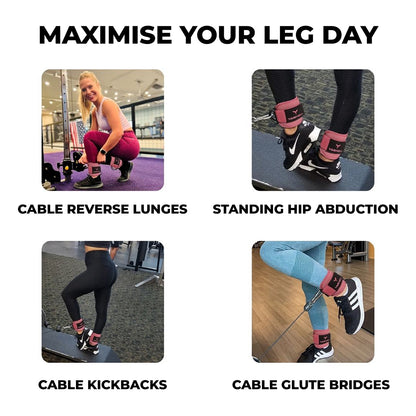 Yaghzu ankle straps for cable machines shown in use during cable reverse lunges, standing hip abductions, cable kickbacks, and cable glute bridges. Durable gym ankle cuffs for lower body and leg workouts.