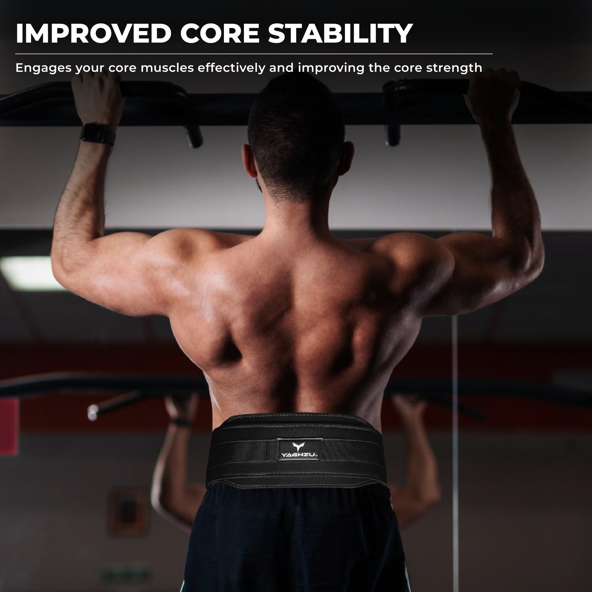 Man doing pull-ups wearing Yaghzu dip belt – gym belt with chain designed for improved core stability, strength training, and weighted pull up belt workouts

