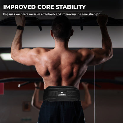 Man doing pull-ups wearing Yaghzu dip belt – gym belt with chain designed for improved core stability, strength training, and weighted pull up belt workouts

