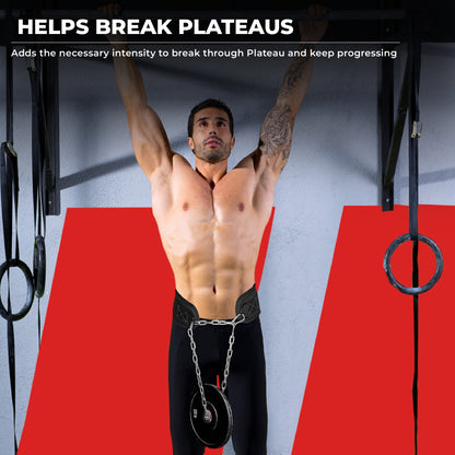 Yaghzu dip belt used during pull-ups, featuring a gym belt with chain and weight plate for intense upper body training; ideal as a pull-up belt weight, squat belt with chain, or weight lifting dips accessory

