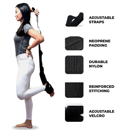 Woman demonstrating a foot and calf stretcher with yoga straps, showcasing features like adjustable straps, neoprene padding, durable nylon, reinforced stitching, and Velcro—ideal as a foot rocker for plantar fasciitis, Achilles tendonitis, and calf stretch therapy.