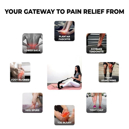Infographic showing the benefits of using a foot and calf stretcher with yoga straps, offering pain relief from plantar fasciitis, Achilles tendonitis, heel spurs, tight calves, tight hamstrings, toe injuries, foot injuries, and lower back strain—ideal foot rocker calf stretcher and plantar fasciitis stretch device.