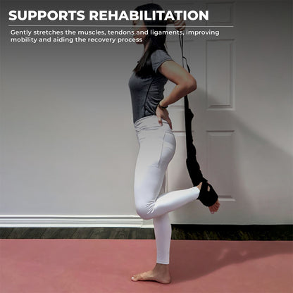 Woman using a foot and calf stretcher with yoga straps, performing a standing stretch to aid rehabilitation and mobility—ideal foot rocker for plantar fasciitis, Achilles tendonitis, and calf muscle recovery using a plantar fasciitis stretch device.