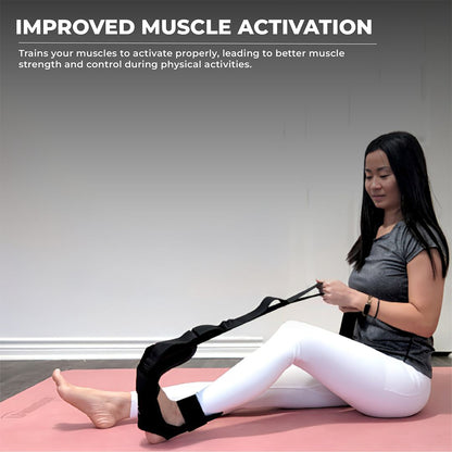 Woman stretching on a yoga mat using a foot and calf stretcher with yoga straps—effective foot rocker stretcher for plantar fasciitis, calf rocker stretch, and Achilles tendonitis relief. Ideal plantar fasciitis stretch device and calf stretcher rocker for improved flexibility and muscle activation.