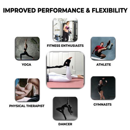Collage showing different users of a foot and calf stretcher with yoga straps, including fitness enthusiasts, athletes, dancers, gymnasts, yoga practitioners, and physical therapists—ideal as a calf rocker, foot rocker for plantar fasciitis, Achilles tendonitis, and stretching for flexibility and performance.