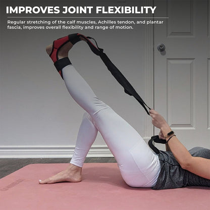 Red foot and calf stretcher for plantar fasciitis and Achilles tendonitis – improves joint flexibility with yoga strap and calf rocker design for enhanced stretching and rehab.