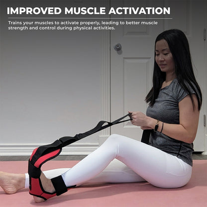 Woman stretching on a yoga mat using a foot and calf stretcher with yoga straps—effective foot rocker stretcher for plantar fasciitis, calf rocker stretch, and Achilles tendonitis relief. Ideal plantar fasciitis stretch device and calf stretcher rocker  for improved flexibility and muscle activation.