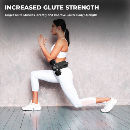 Woman performing lunges using Yaghzu booty belt and dumbbell strap for hip thrust, ideal for belt squat hip thrust and glute thruster training