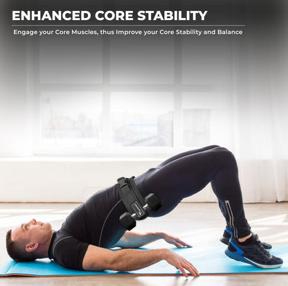 Man doing glute bridges using Yaghzu booty belt with dumbbell strap for hip thrust, belt squat hip thrust, and glute thruster training
