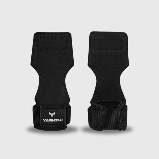 Pair of black Yaghzu lifting grips with wrist support straps displayed on white background, premium gym grips for weightlifting, pull workouts, and grip enhancement

