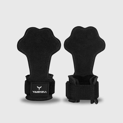 Pair of black Yaghzu lifting grips with palm-shaped design and wrist support straps displayed on white background, premium gym grips for weightlifting, pull workouts, and grip enhancement