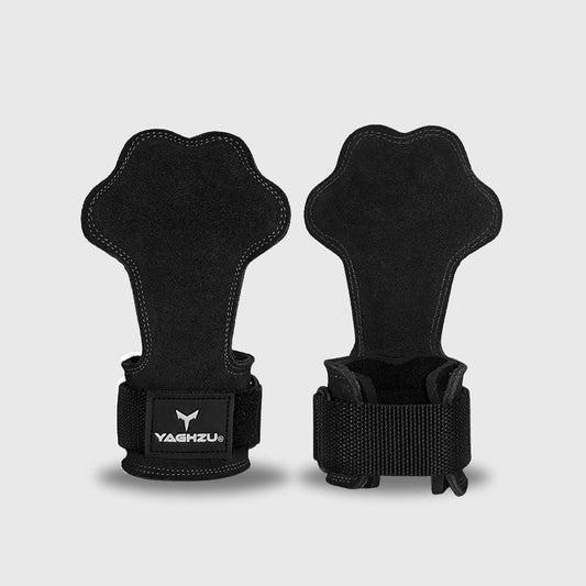 Pair of black Yaghzu lifting grips with palm-shaped design and wrist support straps displayed on white background, premium gym grips for weightlifting, pull workouts, and grip enhancement