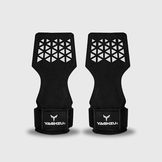 Yaghzu black lifting grips with wrist straps and geometric prints for enhanced grip strength, wrist support, and strength training.
