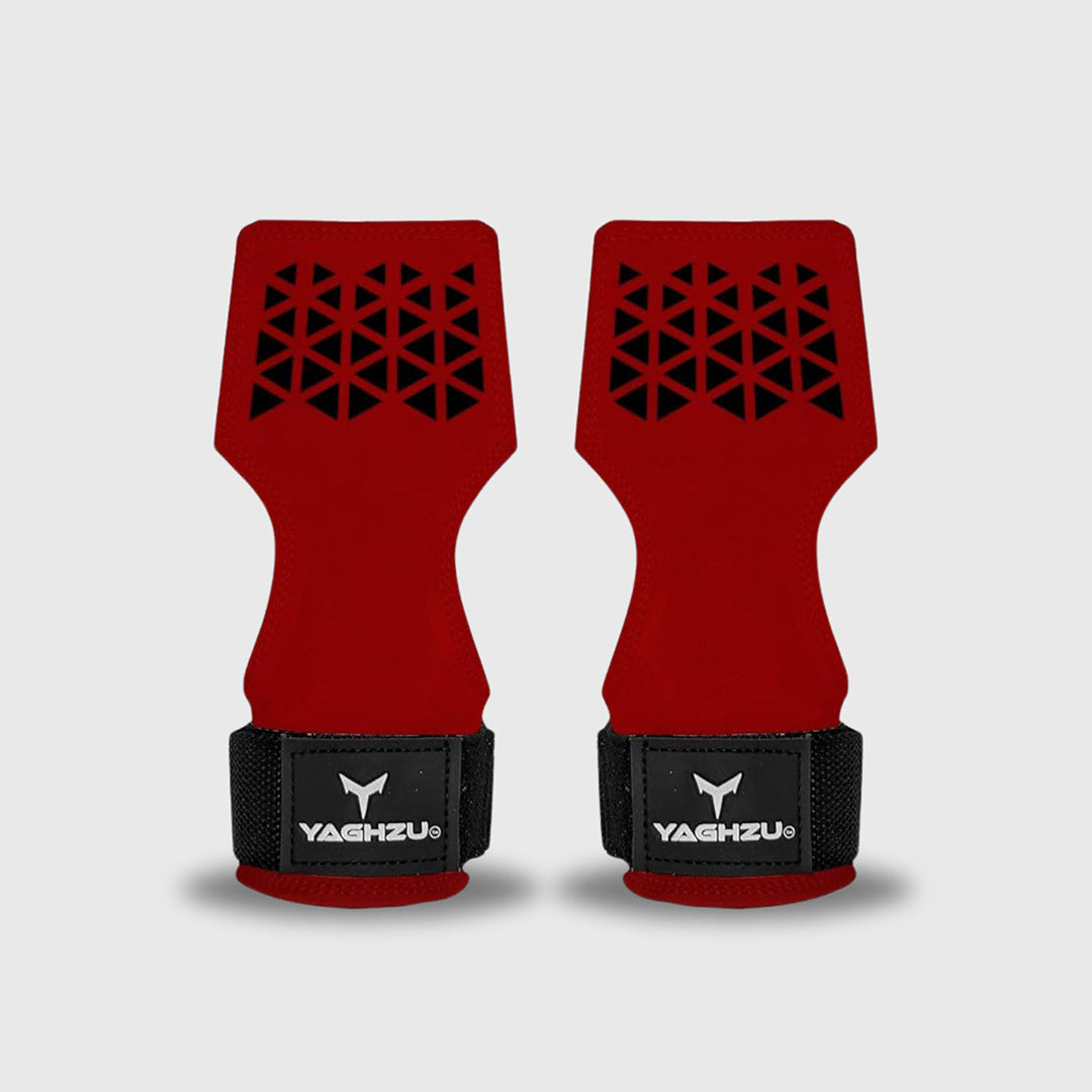 Yaghzu red lifting grips with wrist straps and black geometric prints for enhanced grip strength, wrist support, and strength training, deadlifts