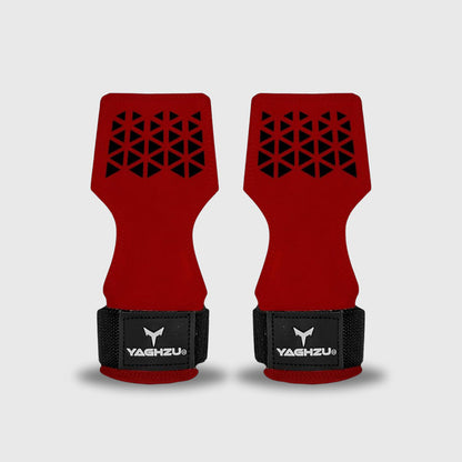 Yaghzu red lifting grips with wrist straps and black geometric prints for enhanced grip strength, wrist support, and strength training, deadlifts