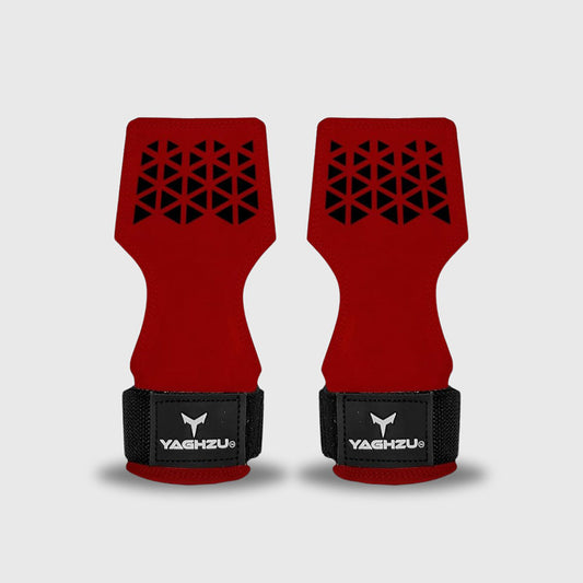 Yaghzu red lifting grips with wrist straps and black geometric prints for enhanced grip strength, wrist support, and strength training, deadlifts