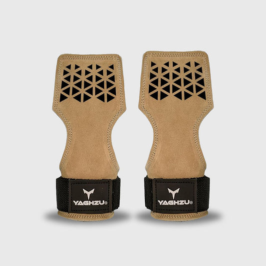 Yaghzu tan lifting grips with wrist straps and black geometric prints for enhanced grip strength, wrist support, and strength training, deadlifts