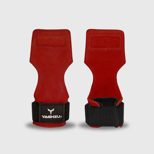 Pair of red Yaghzu lifting grips with black wrist support straps on white background, premium gym grips for deadlifts, pull-ups, and weight training support

