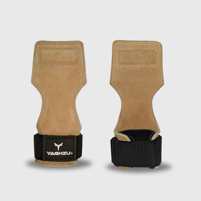 Yaghzu tan suede weight lifting grips with black wrist straps for enhanced bar grip and wrist support during heavy workouts
