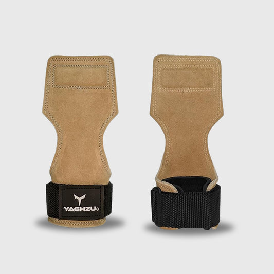 Yaghzu tan suede weight lifting grips with black wrist straps for enhanced bar grip and wrist support during heavy workouts